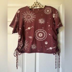 French Pastry Celestial Print Drawstring Crop Top - Burgundy Size Medium